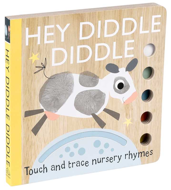 Hey Diddle Diddle Book by Simon & Schuster is a children’s board book featuring a cow illustration, soft touch-and-feel spots, colorful cutout circles on the right edge, and “Touch and trace nursery rhymes” on the cover.