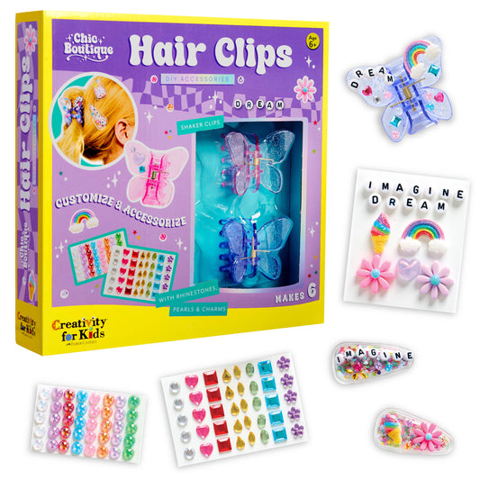 The Chic Boutique DIY Hair Clip Kit for Kids by Faber-Castell / Creativity for Kids is perfect for girls ages 6-8, featuring butterfly and flower designs, colorful beads, rhinestones, pearls, and charming decorations. This boxed set includes six customizable butterfly claw clips and a variety of embellishments so kids can create their own unique accessories.