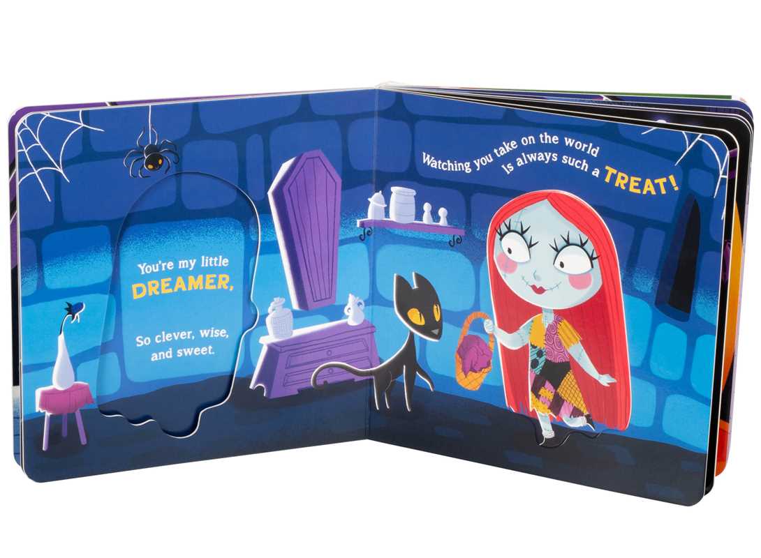 Illustration from “You’re My Little Nightmare” by Grace Baranowski (Simon & Schuster) showing a girl with red hair and a black cat in a spooky blue room with a coffin, cobwebs, and a mirror. White text appears on both pages sharing a positive message.