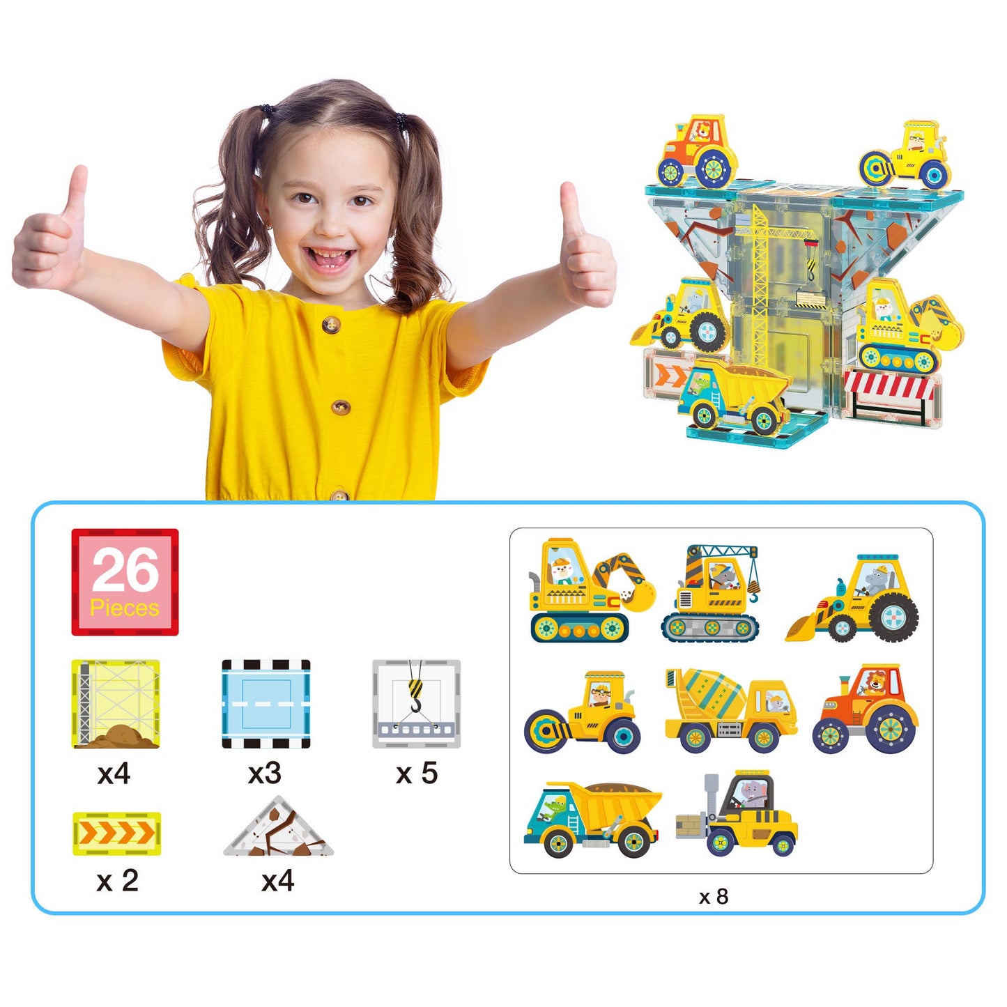 A smiling child in a yellow shirt gives two thumbs up beside the PicassoTiles 26 Piece Magnetic Building Set Playset by PicassoTiles, with illustrated pieces and vehicles shown in a labeled diagram below.