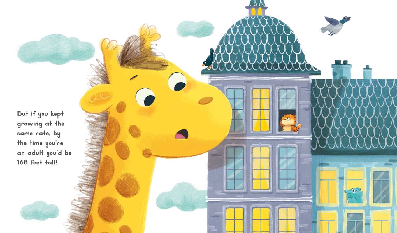 A surprised giraffe stands by a tall building as a cat, bird, and hippo peek from the windows in "Now You Are 1 Book" by Simon & Schuster. The text notes if the giraffe grew bigger, it could reach 168 feet tall.