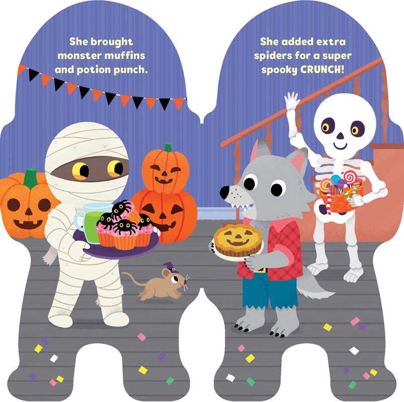 Clutching a tray of monster muffins and potion punch, the Little Mummy from Maggie Fischer’s book by Simon & Schuster stands beside a werewolf with pumpkin pie and a skeleton holding treats, surrounded by festive Halloween decorations and pumpkins.