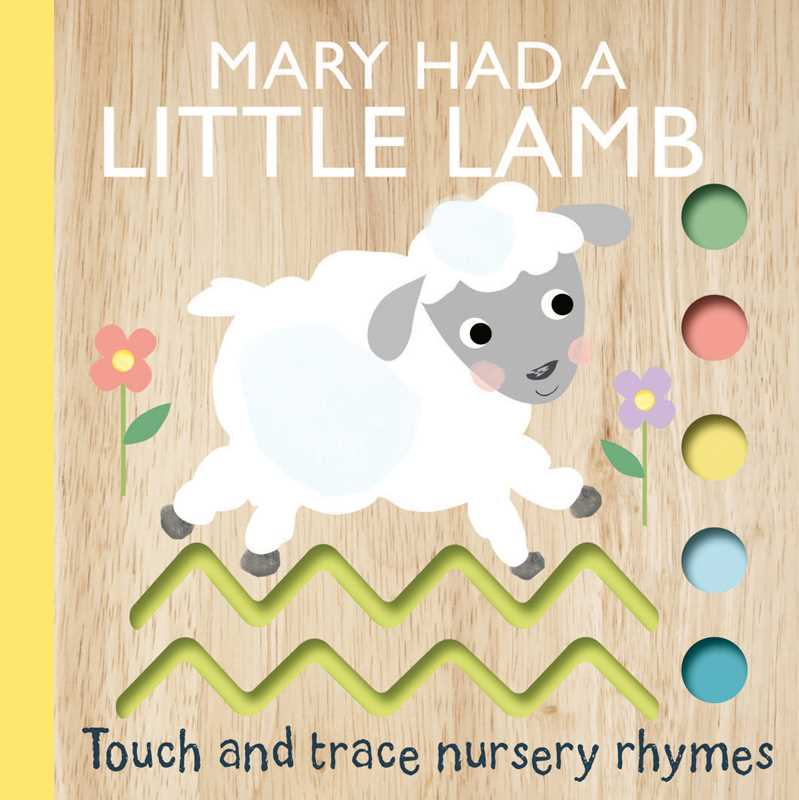 Mary Had a Little Lamb Book by Simon & Schuster features an illustrated white lamb, colorful flowers, and wavy touch-and-trace paths. Subtitle: Touch and trace nursery rhymes.