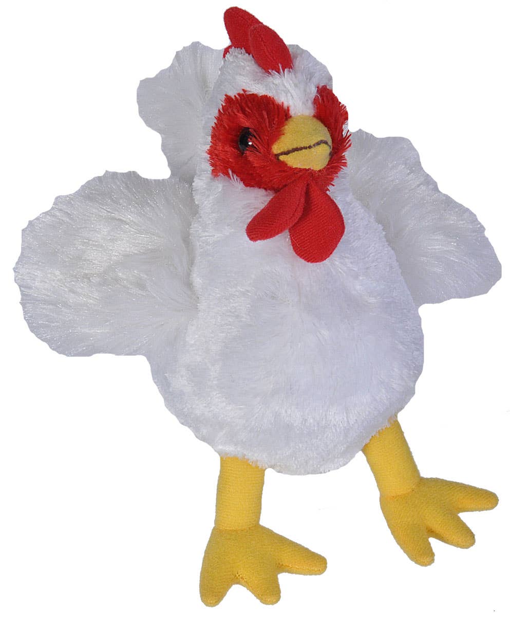 The Wild Republic Mini Chicken Stuffed Animal features white, fluffy wings and body, red comb and wattles, a yellow beak, yellow legs with three toes each, and black shiny eyes. Pictured against a white background.