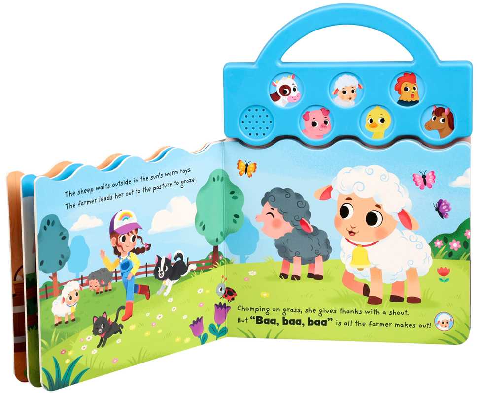 The Moo, Oink, Baa! Book by Simon & Schuster features a farmer with sheep in a grassy field and sound buttons shaped like animal faces on its blue handle. The right page shows white and black sheep with butterflies.