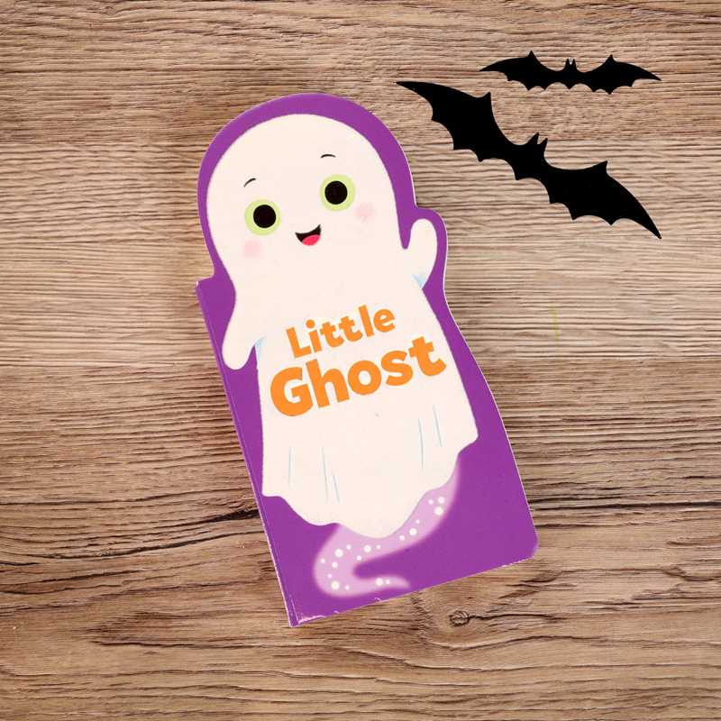 The Little Ghost by Maggie Fischer book from Simon & Schuster features a charming ghost illustration on a wooden surface, with two black bat silhouettes visible in the upper right corner.