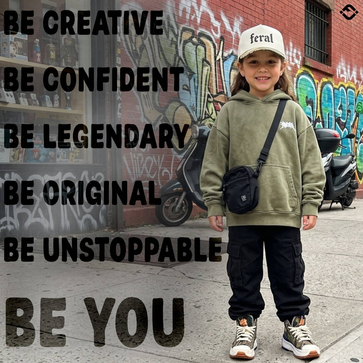 A child wears a Funky Junque Feral 2-Tone Hat, a hooded sweatshirt, a crossbody bag, and cargo pants, standing before a graffiti wall with the text: Be creative, be confident, be legendary, be original, be unstoppable, be you.
