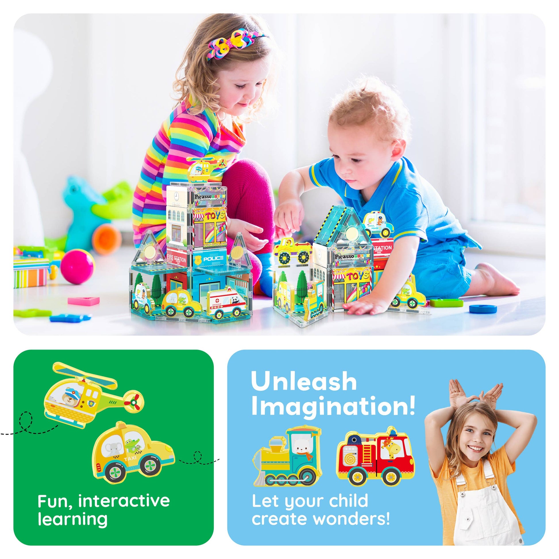 Two young children play with the PicassoTiles 26pc City Theme Magnetic Tile Building Set. Illustrated helicopter, train, and fire truck highlight: Fun, interactive learning and Unleash Imagination! Let your child create wonders.
