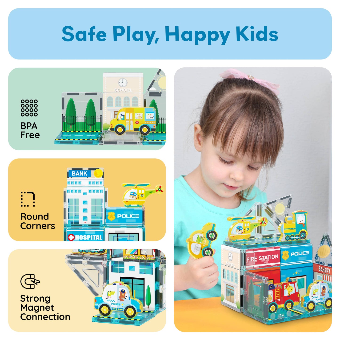 A young girl plays with the PicassoTiles 26pc City Theme Magnetic Tile Building Set, featuring vibrant buildings, vehicles, and figures. Icons show it’s BPA-free, has rounded corners, and strong magnets. Text: Safe Play, Happy Kids. Brand: PicassoTiles.