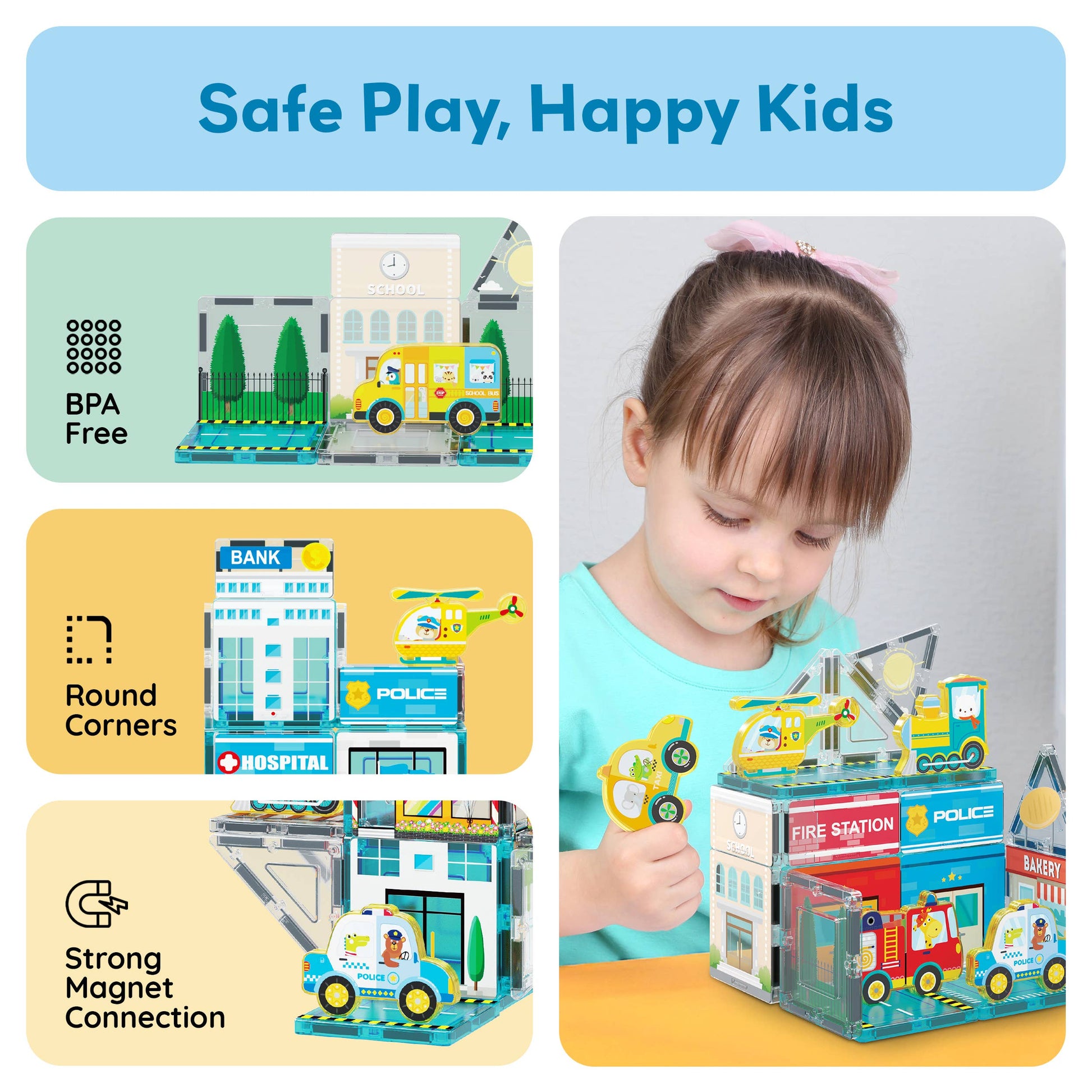 A young girl plays with the PicassoTiles 26pc City Theme Magnetic Tile Building Set, featuring vibrant buildings, vehicles, and figures. Icons show it’s BPA-free, has rounded corners, and strong magnets. Text: Safe Play, Happy Kids. Brand: PicassoTiles.