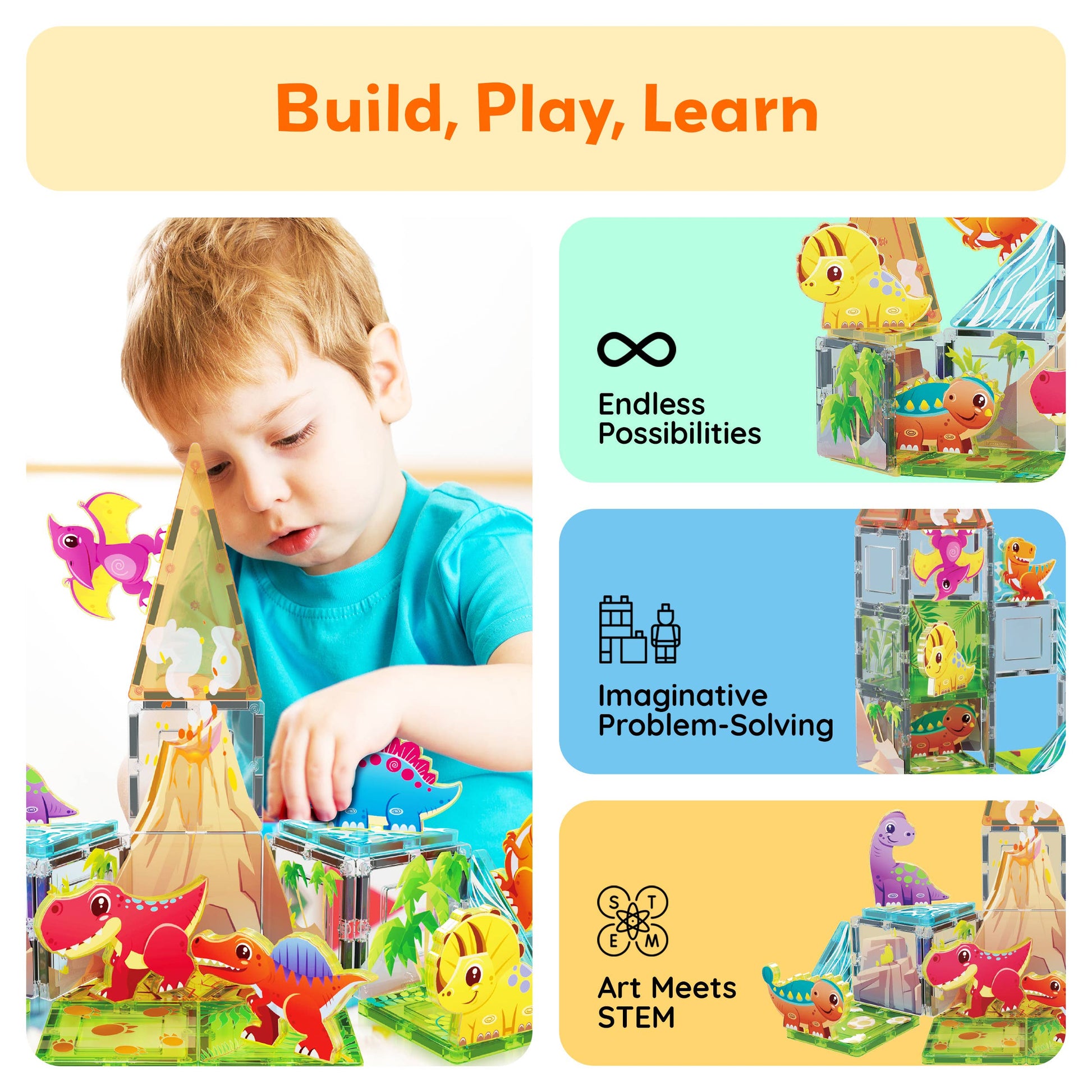 A young boy builds a vibrant dinosaur structure with the PicassoTiles 26pc Dino Theme Magnetic Tile Building Set, showcasing endless creativity, imaginative problem-solving, and a blend of art with STEM learning.
