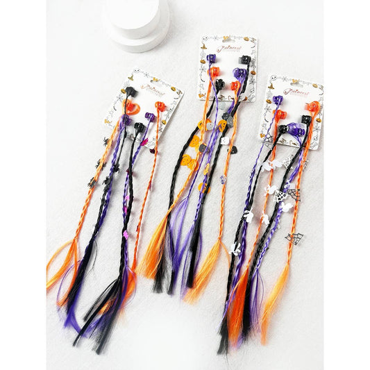 Love and Repeat Halloween Braid Hair Extension Clips featuring three sets of orange, purple, and black braided strands decorated with spider, pumpkin, and ghost charms.