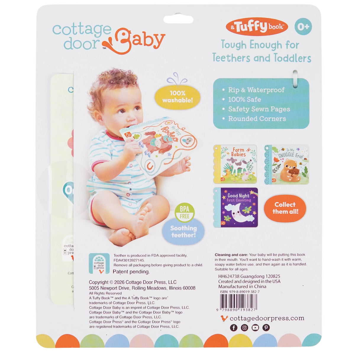 A baby sits and holds a vibrant copy of My First Rodeo (A Tuffy Book), a board book from Cottage Door Press. The packaging highlights features such as 100% washable, rip & waterproof, and Tough Enough for Teethers and Toddlers. Specifically designed as an indestructible baby book, it’s perfect for curious little hands—and mouths—making My First Rodeo the ideal chewable baby book and teething toy for growing infants.