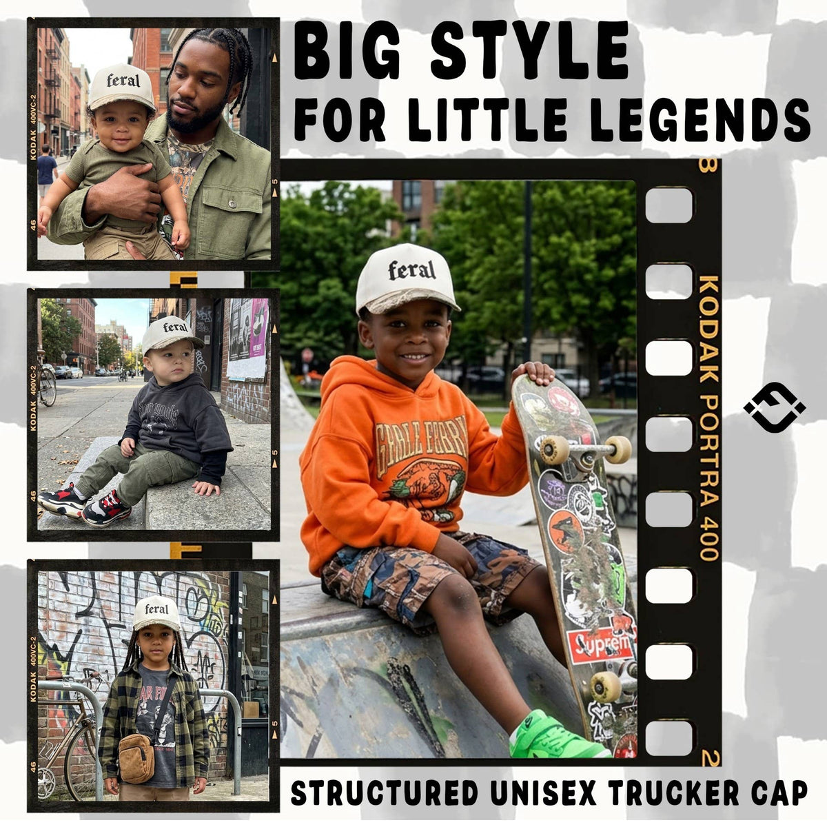A collage showing a young child wearing an off-white Feral 2-Tone Hat with feral on the front, featuring the text BIG STYLE FOR LITTLE LEGENDS and STRUCTURED UNISEX TRUCKER CAP.