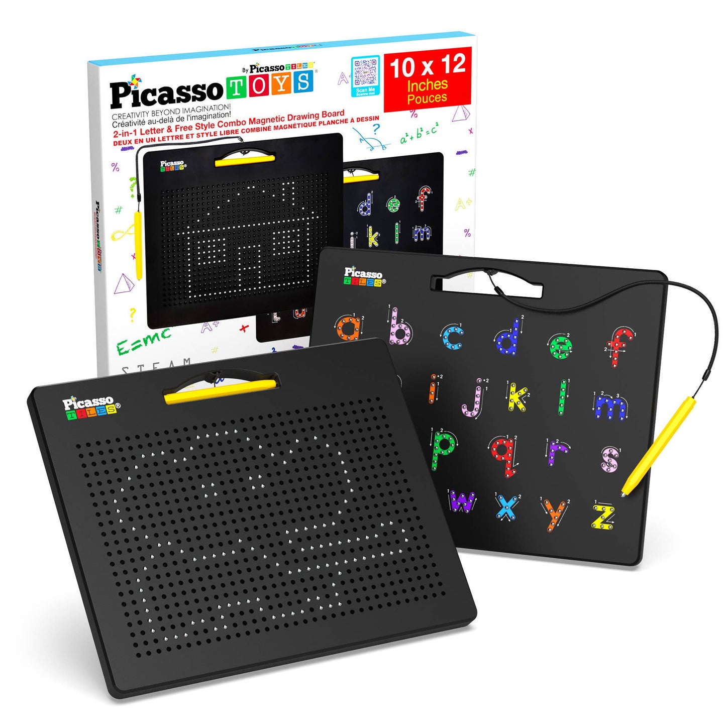 The PicassoTiles Double-Sided Magnetic Drawing Tablet Pad for kids features alphabet tracing designs, a yellow stylus, and packaging showcasing its 10x12 inch size and educational benefits.