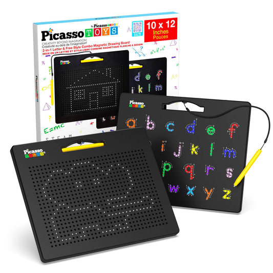 The PicassoTiles Double-Sided Magnetic Drawing Tablet Pad for kids features alphabet tracing designs, a yellow stylus, and packaging showcasing its 10x12 inch size and educational benefits.
