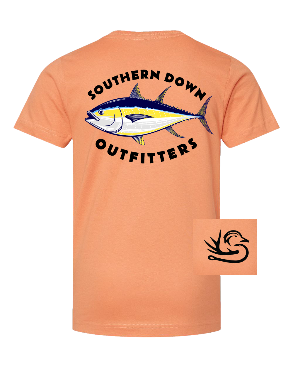 The Tuna Toddler Tee by Southern Down Outfitters is a peach-colored shirt featuring a bold tuna graphic and black "Southern Down Outfitters" text on the back, plus a small black fish logo in the bottom right corner.