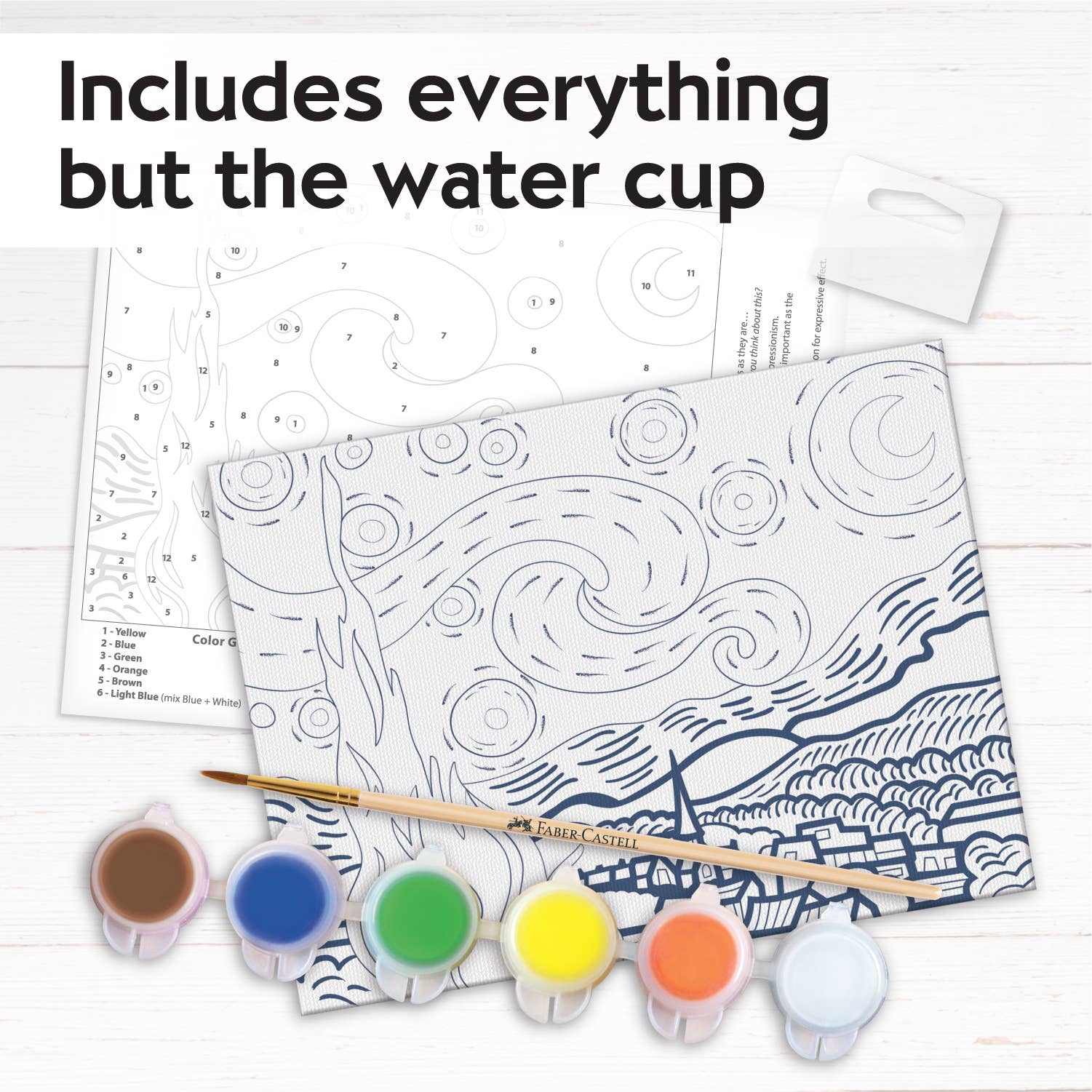 Introducing the Paint by Number Museum Series - The Starry Night from Faber-Castell / Creativity for Kids: A beginner-friendly kit featuring a brush, colored paints, and a canvas with a swirling Starry Night-inspired design, plus an easy-to-follow instruction sheet. Text reads: Includes everything but the water cup.