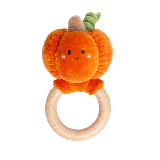 Pearhead Pumpkin Baby Wooden Teether Toy featuring a plush orange pumpkin with a smiling face attached to a circular wooden ring, perfect as a baby fall gift.