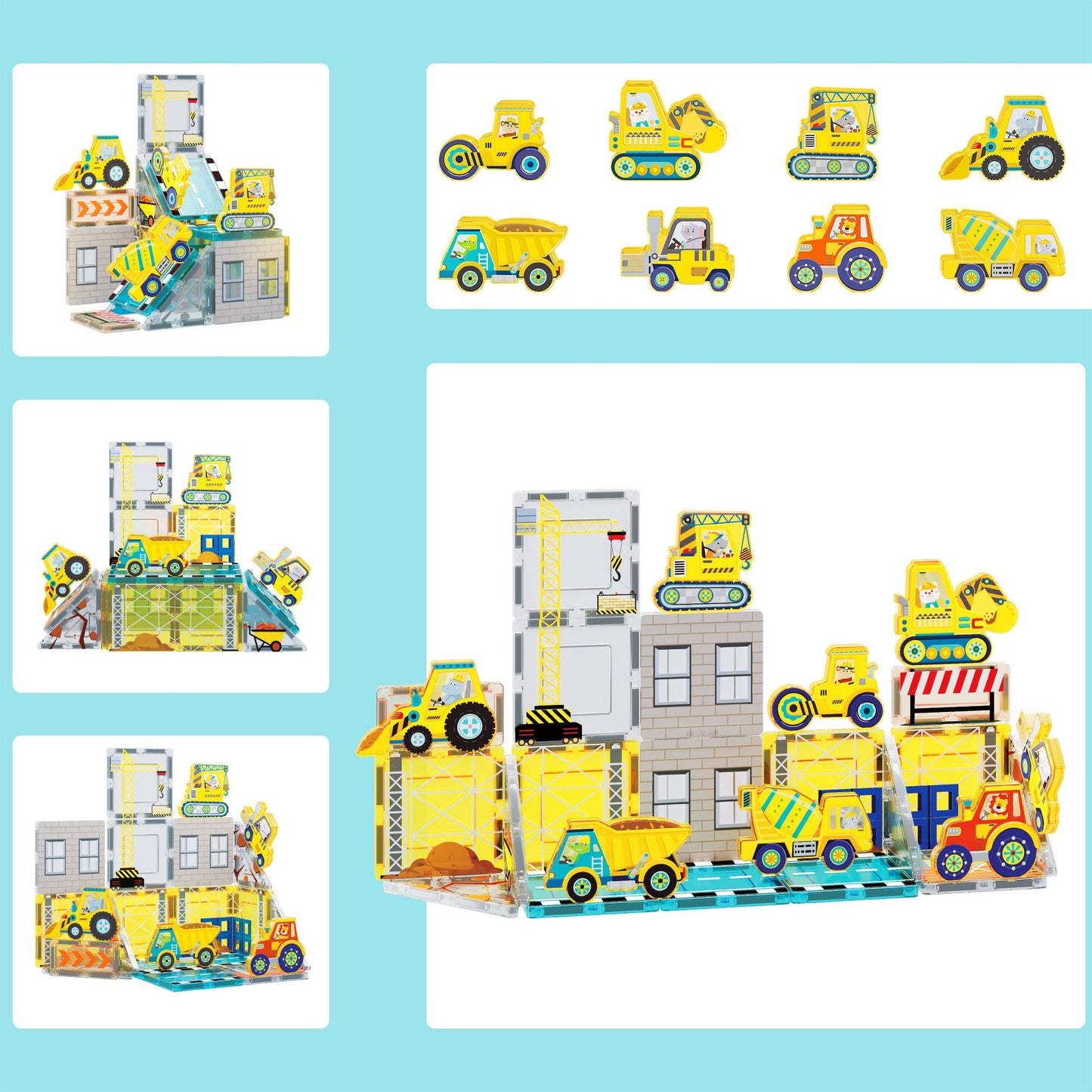 The PicassoTiles 26 Piece Magnetic Building Set Playset by PicassoTiles features colorful magnetic construction vehicles and stackable building blocks arranged like a construction site, with bulldozers and dump trucks included.