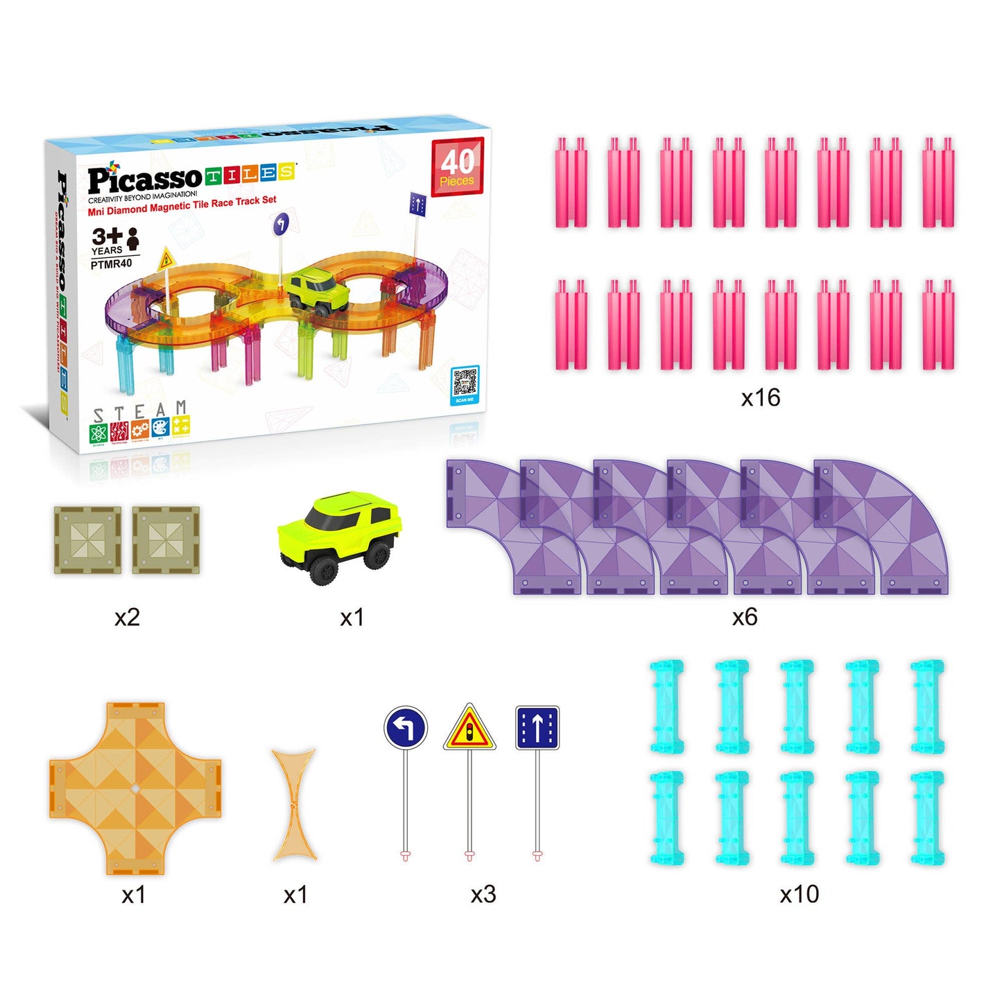 The PicassoTiles 40pc Travel Size Magnetic Tile Race Track Set by PicassoTiles includes track pieces, connectors, road signs, a green race car, and packaging. Designed for ages 3+, all items are displayed neatly on a white background.