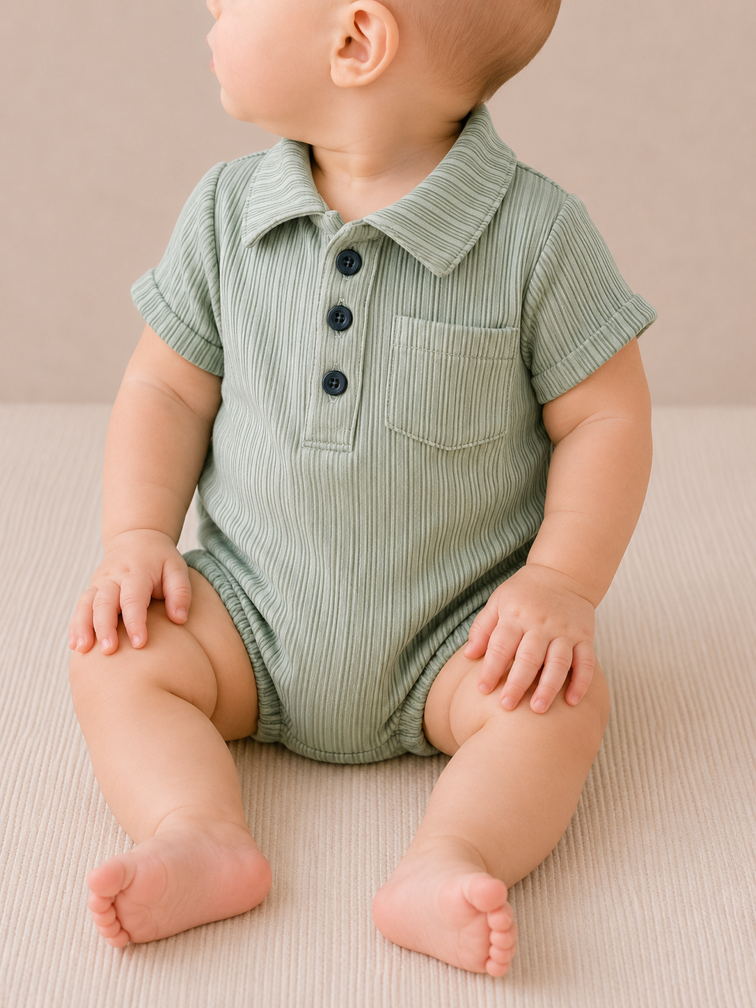 A baby wearing the Tiny Tot Bundles Dusty Sage Polo Bubble, a short-sleeved green romper with black buttons and a pocket, sits on a soft, light surface and looks to the side.