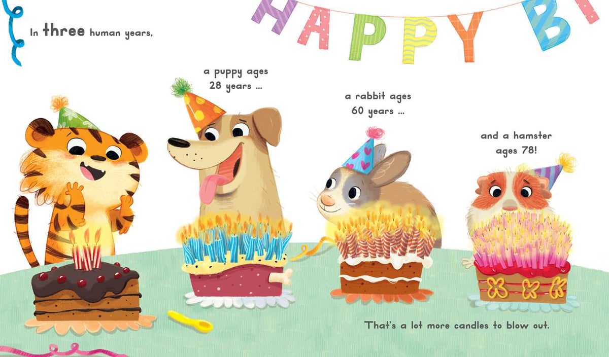 Four cute animals in party hats stand behind birthday cakes with growing candle counts, showing their ages. Celebrate turning 3 with the "Now You Are 3 Book" by Simon & Schuster!.