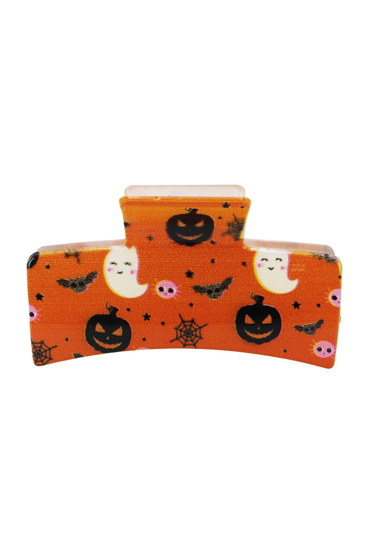 Halloween Hair Claw in orange with a pattern of ghosts, jack-o-lanterns, spiderwebs, and bats.