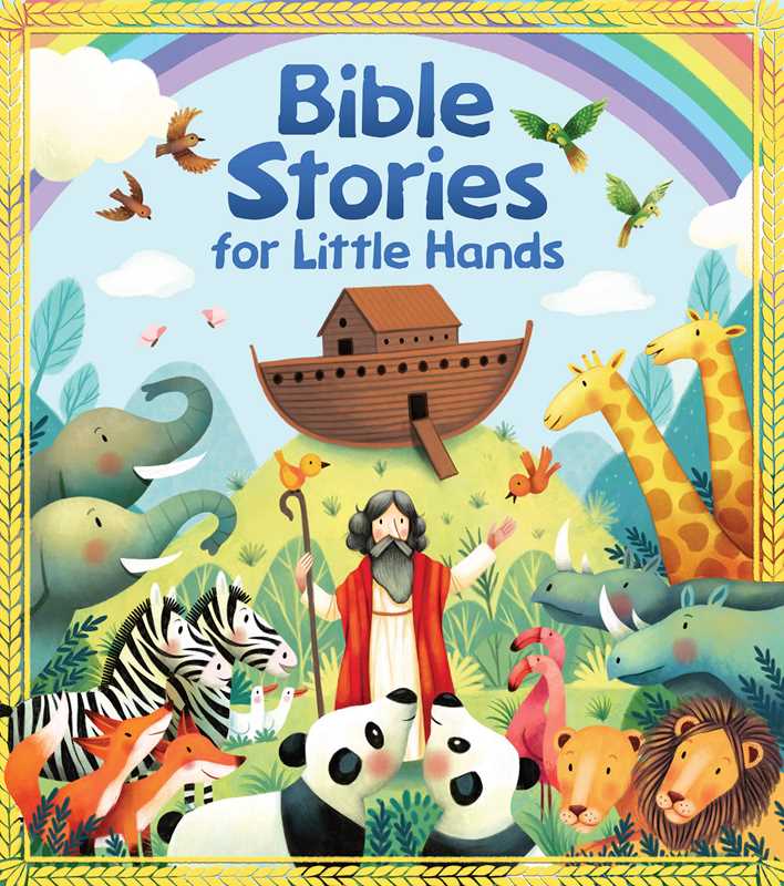 The Simon & Schuster Bible Stories for Little Hands Book features a colorful cover with Noah, animals like pandas, zebras, elephants, and giraffes by the ark under a rainbow.