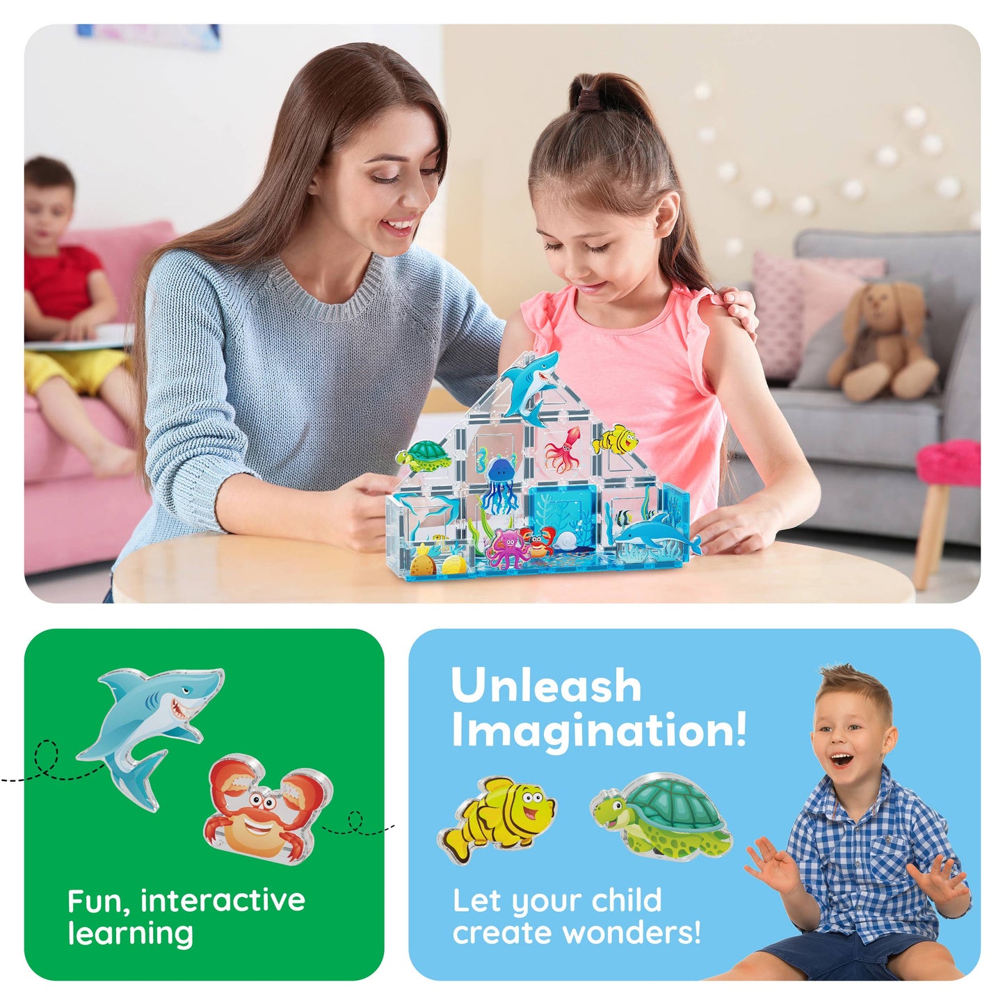A woman and girl play with the PicassoTiles 26 Piece Marine World Magnetic Building Set by PicassoTiles. Below, graphics of a shark and crab highlight "Fun, interactive learning," while a boy shows "Unleash Imagination! Let your child create wonders!.
