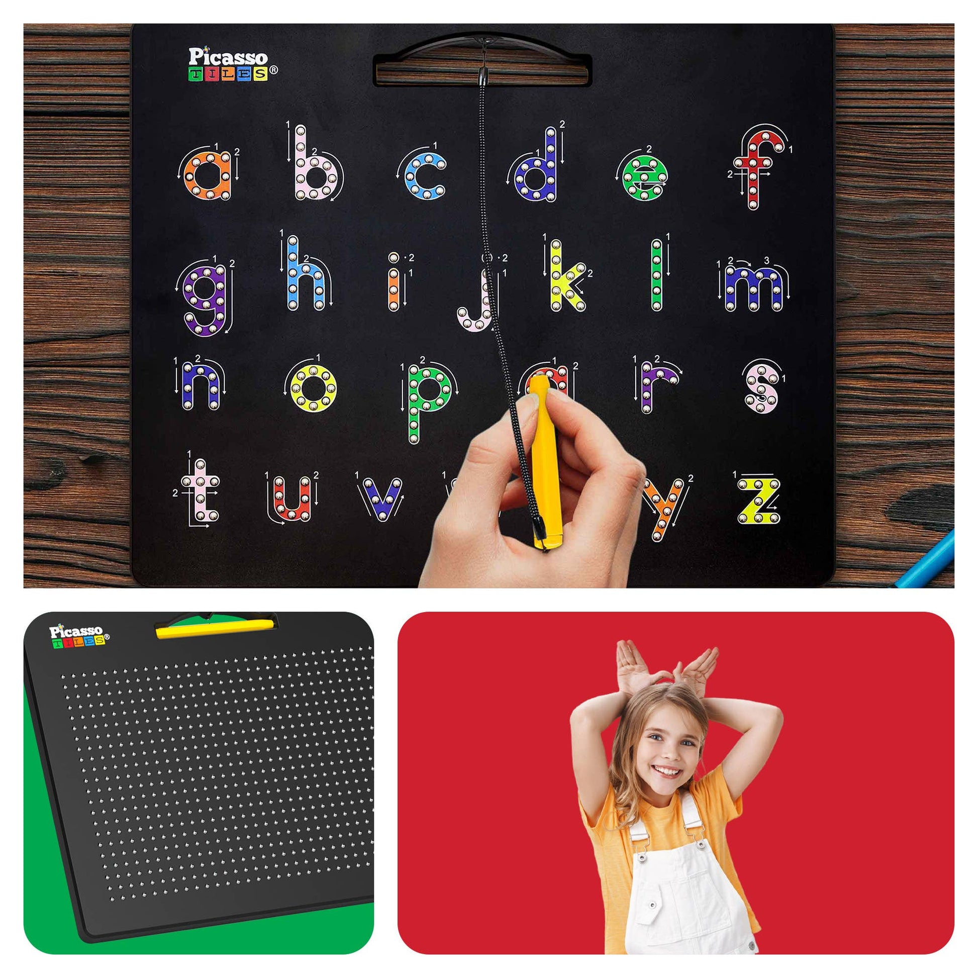 A hand traces lowercase letters with a stylus on the PicassoTiles Double-Sided Magnetic Drawing Tablet Pad. Below, a blank magnetic board appears, and a smiling girl in yellow makes bunny ears against a red background.