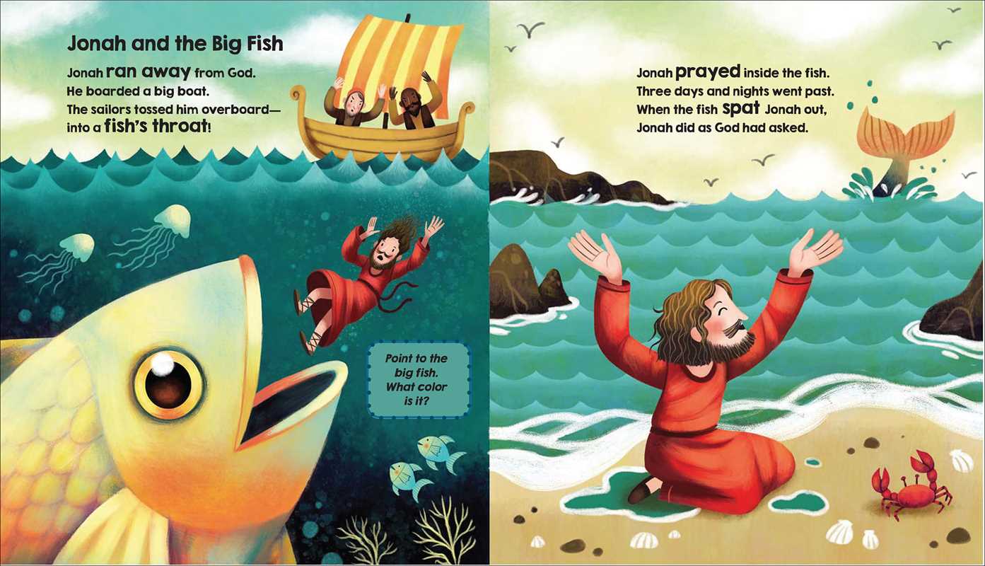 The Simon & Schuster Bible Stories for Little Hands Book features Jonah being tossed into the sea and swallowed by a giant yellow fish, then praying on the beach after the fish spits him out.