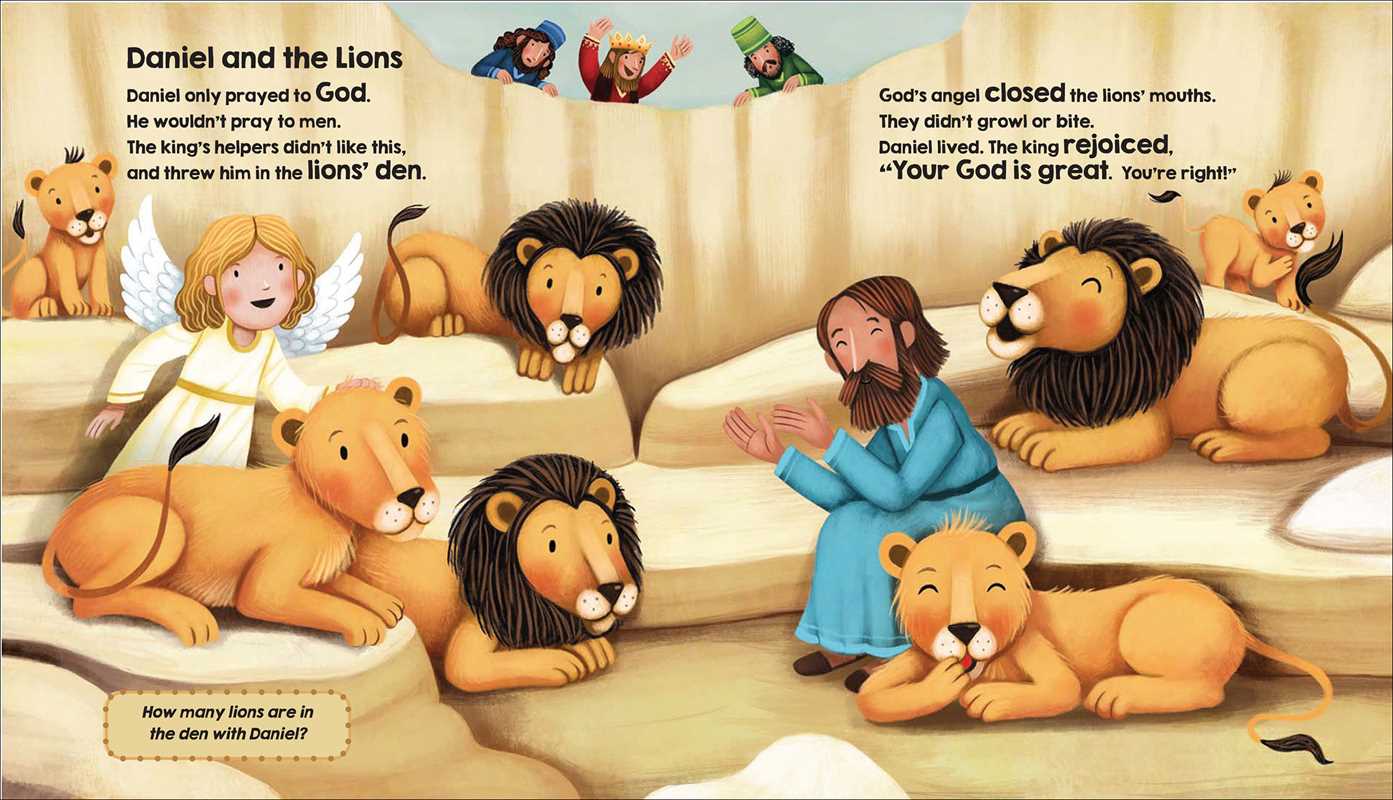 Illustration from Bible Stories for Little Hands Book by Simon & Schuster shows Daniel sitting calmly among six lions, an angel nearby. The serene scene and caption share the biblical story of Daniel in the lions’ den.