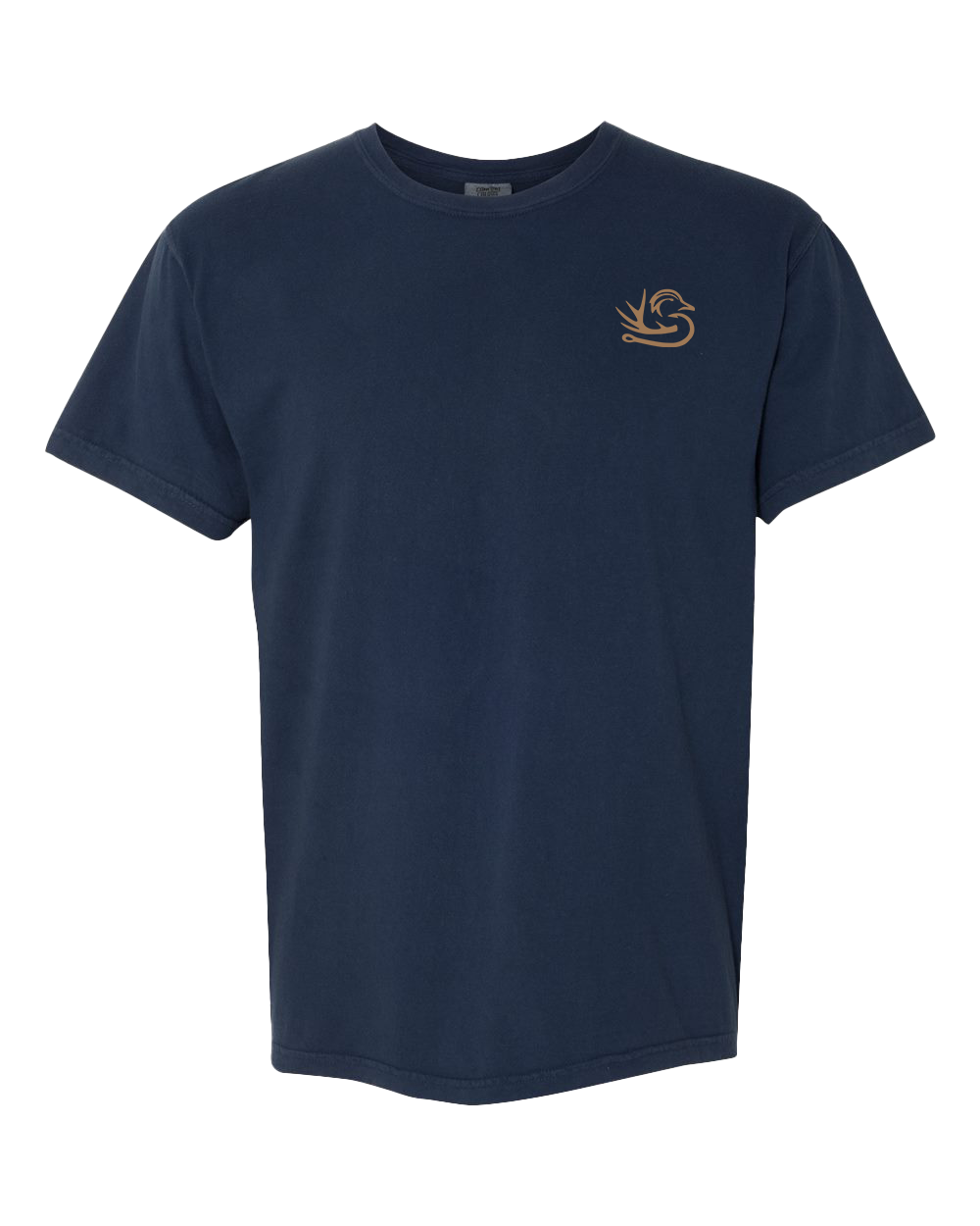 The Camo Mallard Toddler Tee by Southern Down Outfitters is a plain navy blue short-sleeve t-shirt featuring a small tan abstract bird logo on the upper left chest.