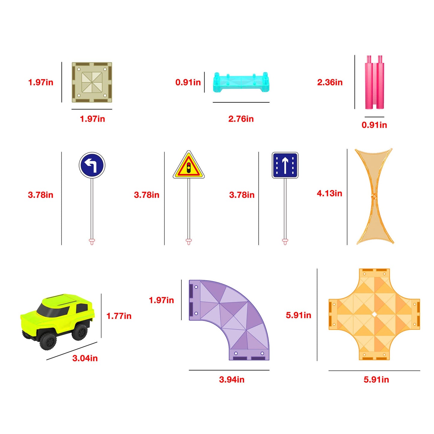 The PicassoTiles 40pc Travel Size Magnetic Tile Race Track Set by PicassoTiles includes road signs, barricades, curved and intersection track pieces, and a yellow toy car. Each accessory is labeled with dimensions in inches.
