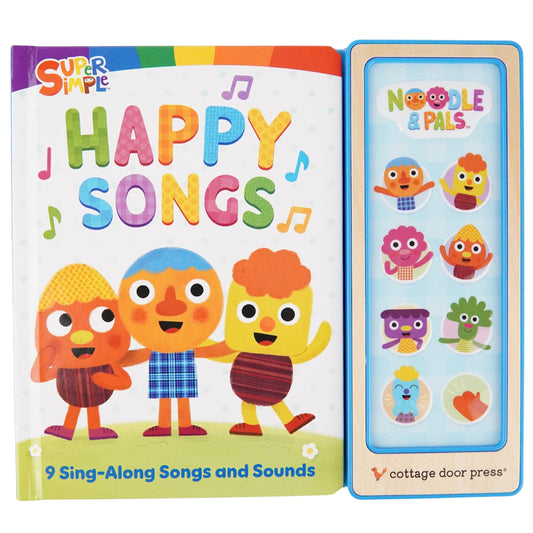 Super Simple Happy Songs is a colorful children’s sound book from Cottage Door Press, featuring cartoon characters and a sound panel with buttons displaying cheerful faces. Ideal for fans of Super Simple Songs, this lively sing-along collection includes 9 happy songs and sound effects.
