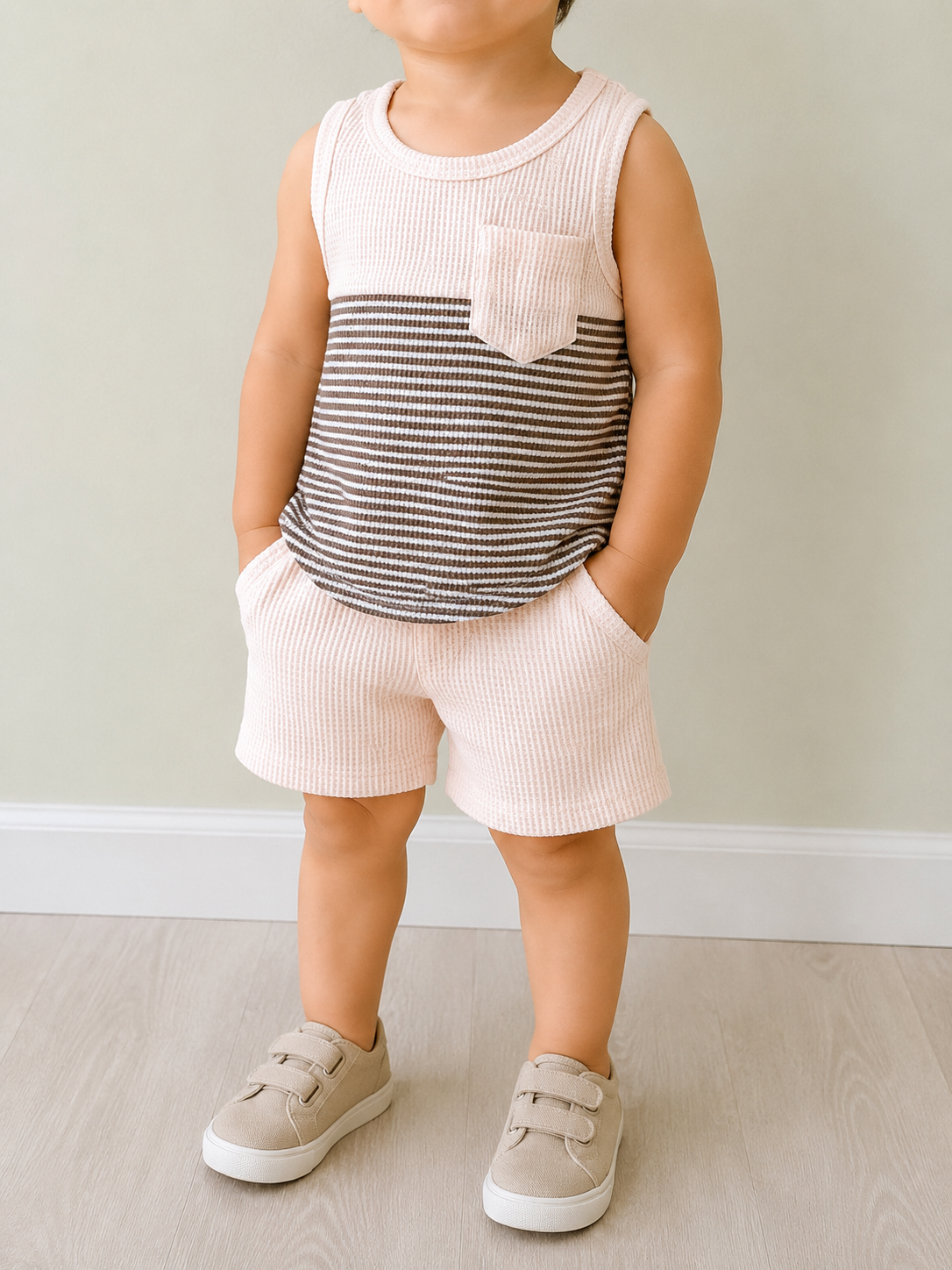 A young child indoors wears the Coastal Stripe Tank Set by Tiny Tot Bundles— a sleeveless, cream-colored outfit with striped top and matching shorts, hands in pockets and beige sneakers. The child's face is not shown.