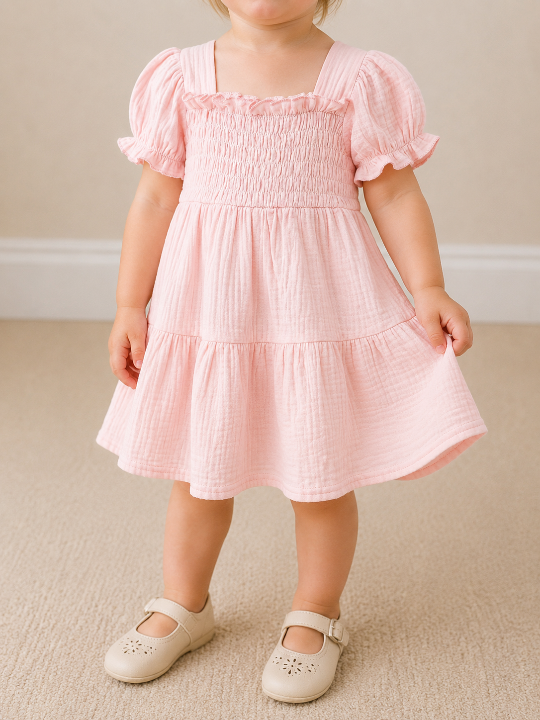 A young child stands indoors on a beige carpet wearing the Tiny Tot Bundles Blush Breeze Smocked Dress and cream Mary Jane shoes; the child's face is not visible.
