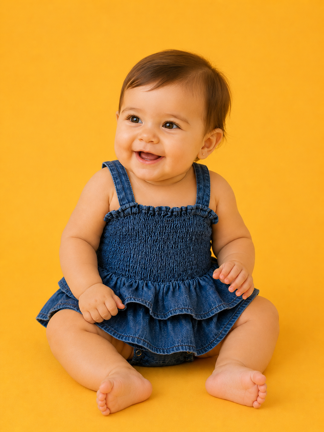 A happy baby with brown hair, barefoot, wears the Tiny Tot Bundles Denim Ruffle Romper while sitting on a bright yellow background.