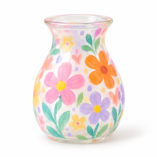 Workshop Pass - Paint A Vase featuring a clear glass vase hand-painted with colorful flowers and green leaves.