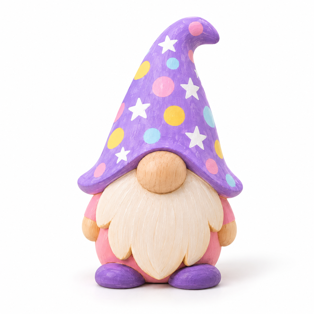 A Workshop Pass - Paint A Wooden Gnome wooden figurine wearing a purple hat decorated with colorful polka dots and white stars.