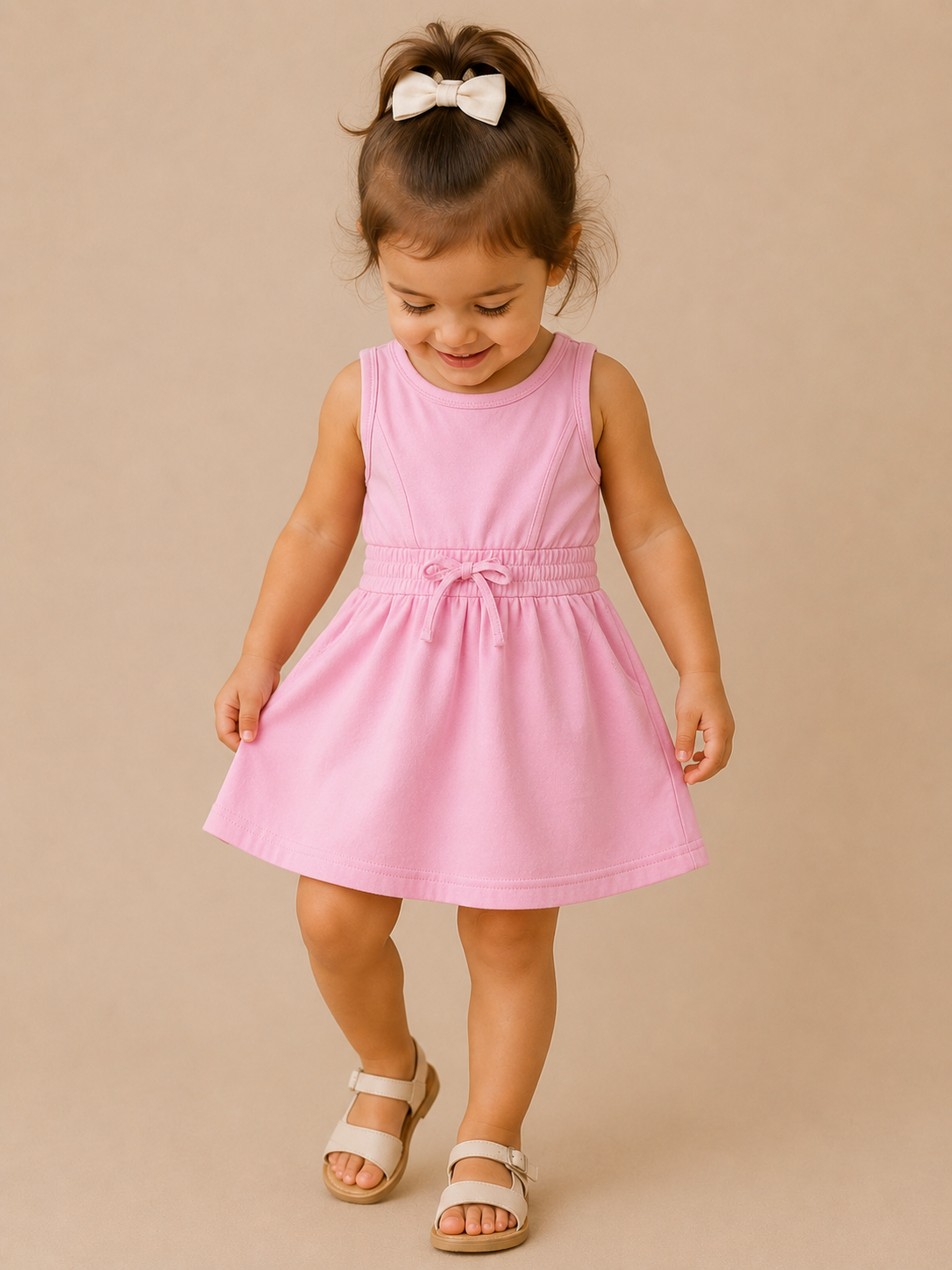 A young girl with a white bow in her hair smiles while wearing the Tiny Tot Bundles Pink Sporty Dress and beige sandals, standing against a plain beige background.