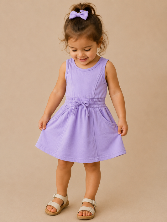 A young girl with brown hair in a ponytail smiles as she stands against a beige background, wearing the Tiny Tot Bundles Purple Sporty Dress and tan sandals, gently holding the sides of her dress with a matching purple bow.