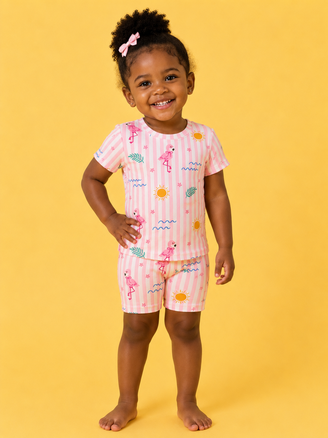 A young child stands barefoot against a yellow background, smiling in the Tiny Tot Bundles Pink Paradise Lounge Set—pink-and-white stripes with playful flamingo, sun, and wave prints—and wears a pink bow in her curly hair.