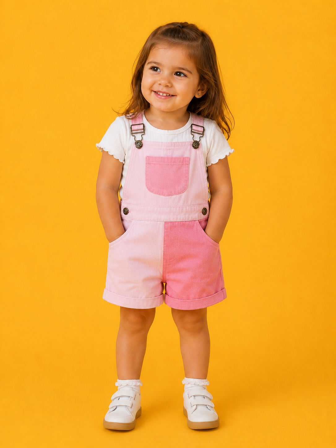 A smiling girl with brown hair wears Tiny Tot Bundles' Pink Color Block Overalls and a white t-shirt, standing with hands in her pockets against a solid yellow background.