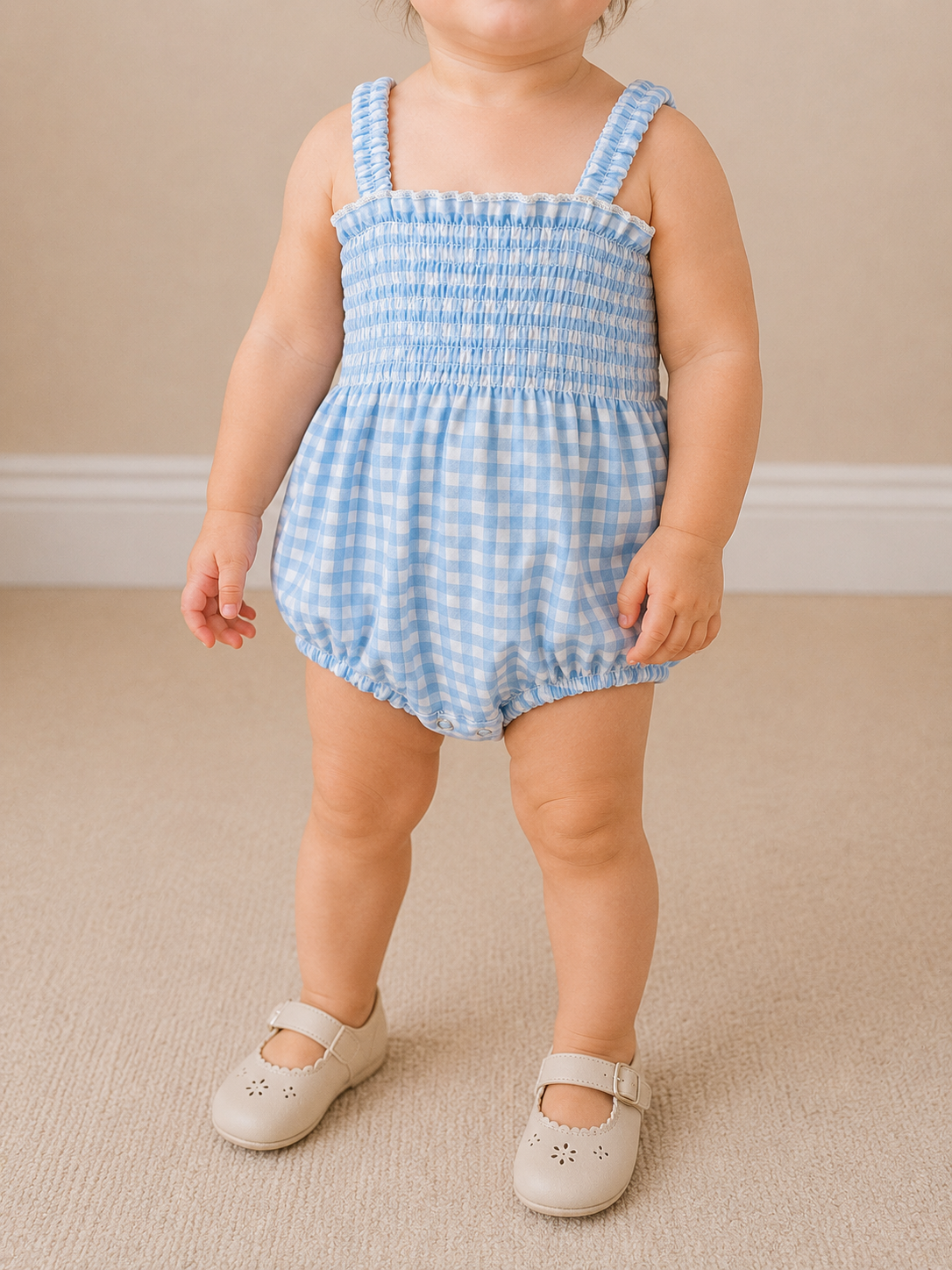 A toddler stands indoors on a carpeted floor wearing the Sweet Sky Smocked Romper by Tiny Tot Bundles. The blue and white gingham romper features thick straps; the child's face isn't visible, and beige shoes complete the outfit.