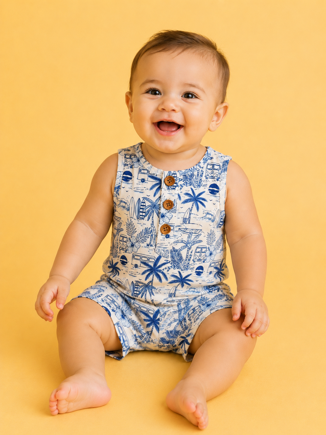 A smiling baby sits on a yellow background wearing the Surfside Florida Tank Romper by Tiny Tot Bundles, a sleeveless blue-and-white outfit with a tropical print and wooden buttons.
