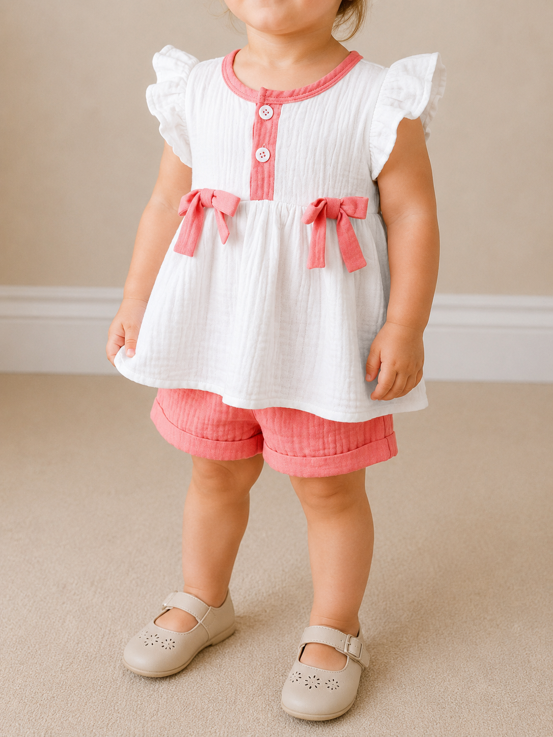 A toddler in the Tiny Tot Bundles Peaches & Cream Short Set—featuring a white top with pink trim and bows, pink shorts, and beige Mary Jane shoes—stands on a beige carpeted floor.