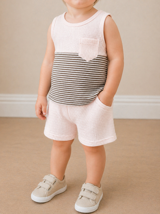 A young child stands indoors wearing the Tiny Tot Bundles Sandy Shores Two Piece— a light pink sleeveless top with striped pocket and waistband, matching pink shorts, and beige Velcro sneakers. Their hands are in their pockets, face not visible.