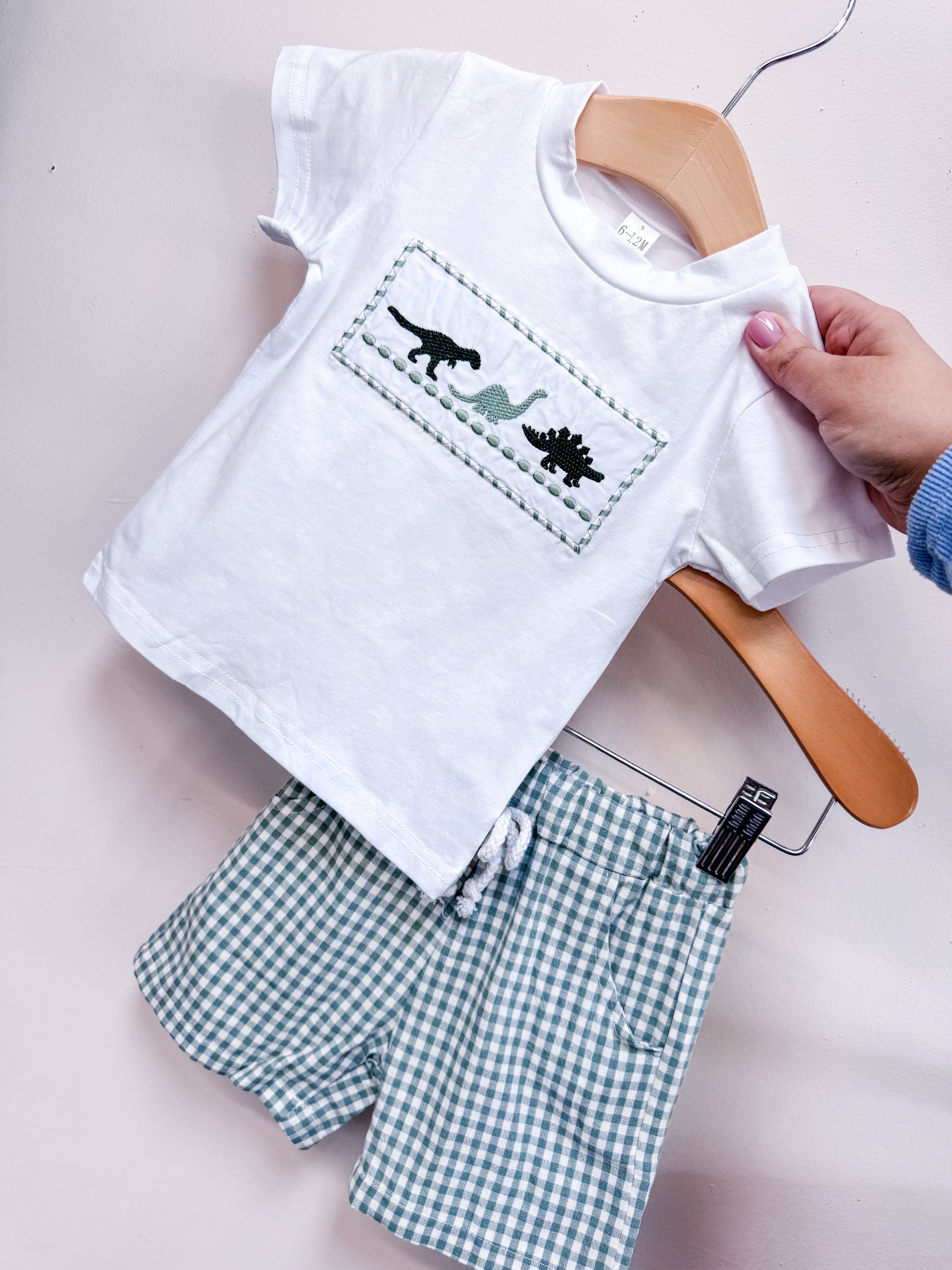 A hand holds the Tiny Tot Bundles Tiny T-Rex Boys Set—a white toddler t-shirt with green embroidered dinosaurs, paired with green and white gingham shorts—displayed on a hanger against a light background.